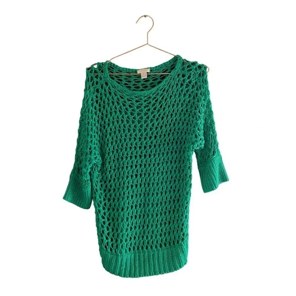 Chico's Women's Jade Green Long Sleeve Pullover Crochet Sweater Size 1